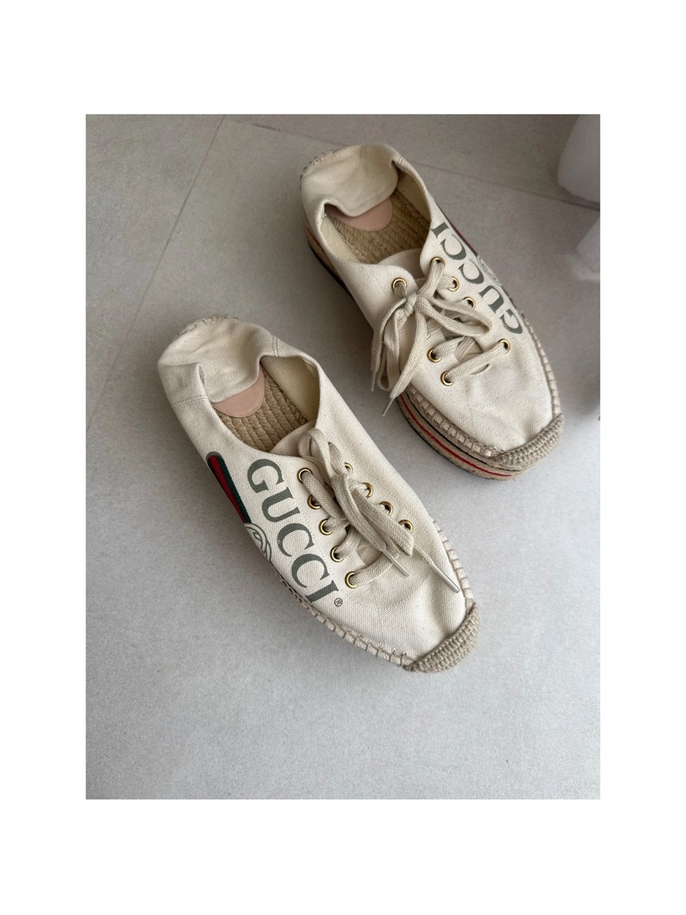 Gucci Cream Canvas Logo Espadrille Sneakers with Red & Green Stripe